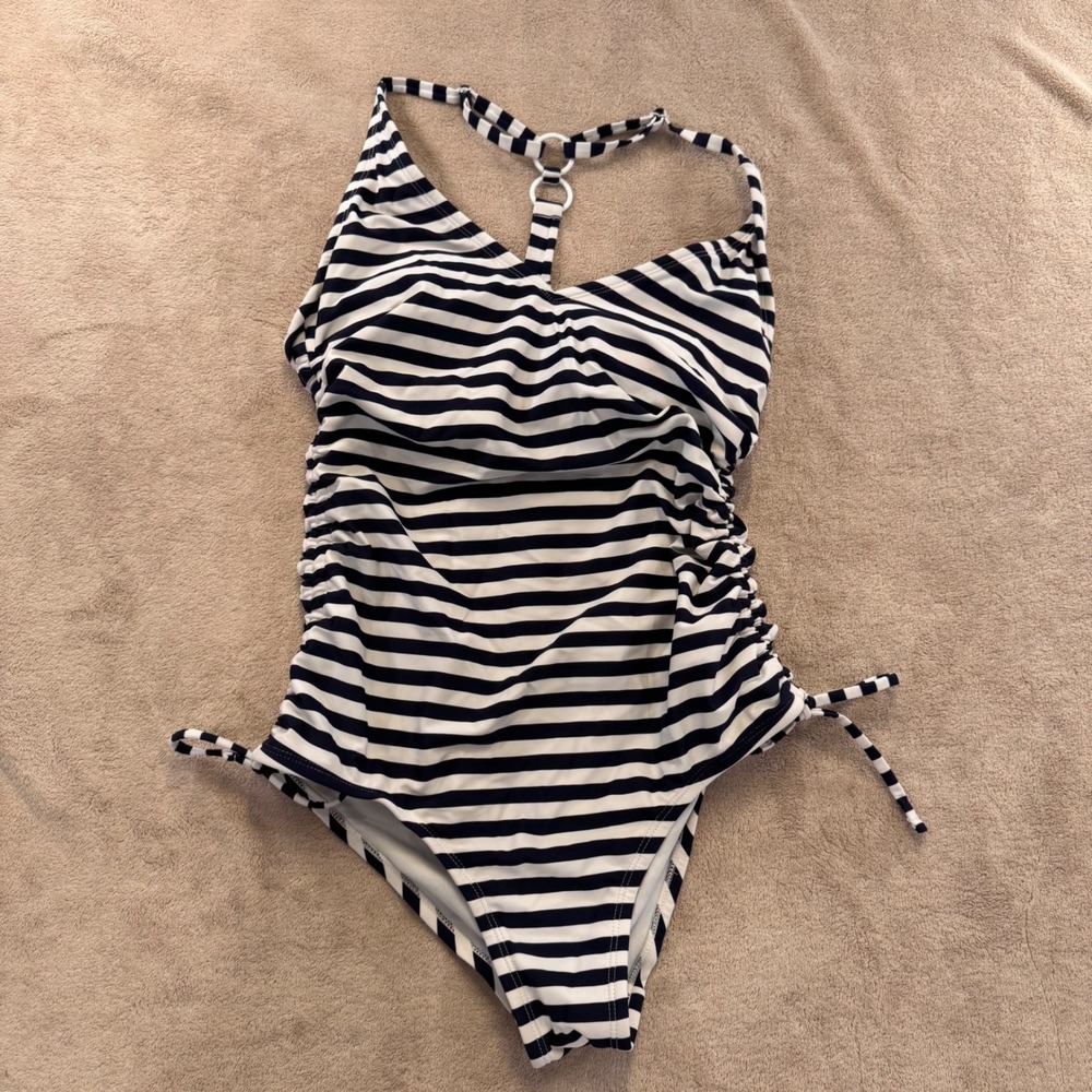 Navy White Striped Ruched One Piece Swimsuit Nautical Coast Racerback Ring Sz M